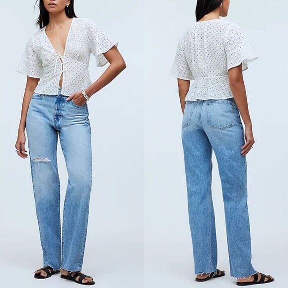 MADEWELL Jeans Women 23 The 90s Straight NEW Revoir Wash Raw Hem Cotton NO647 - Picture 1 of 16